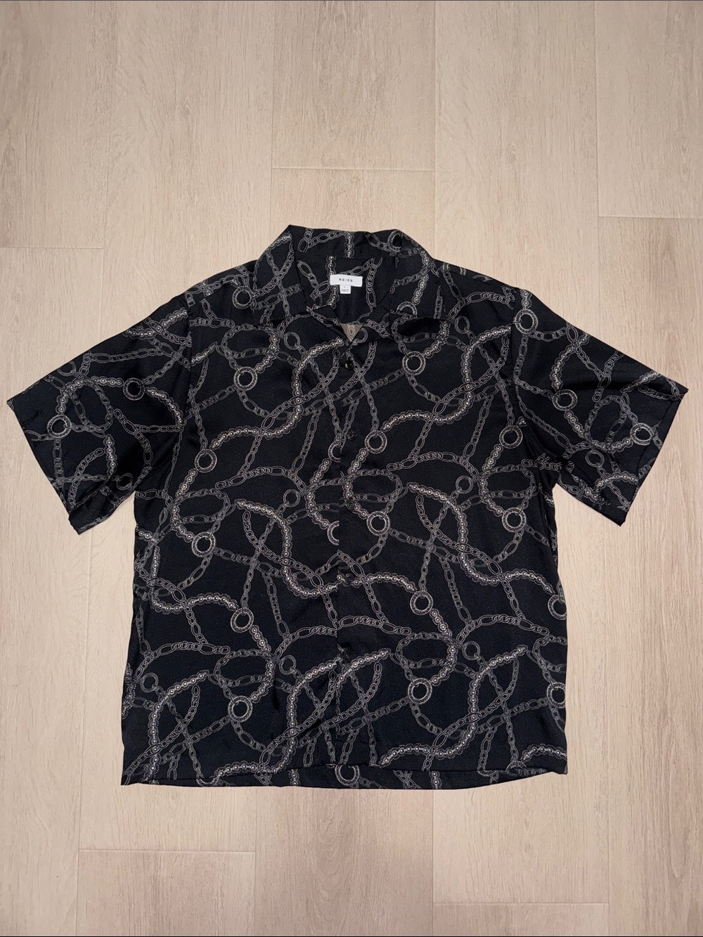 Reiss Black Short-Sleeve Button-Down with Gray Chain Print